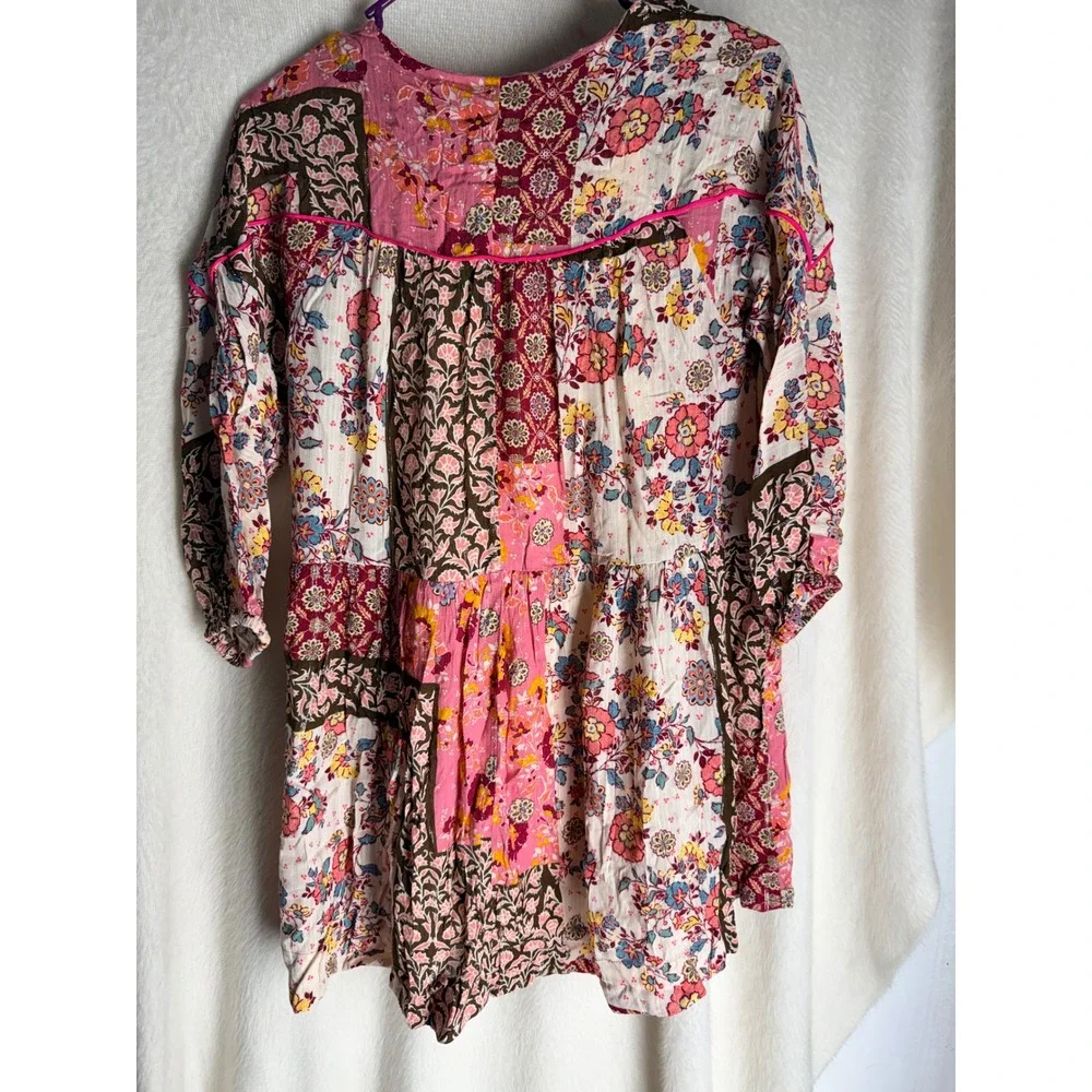 Zara Kids Girls Patchwork Floral Tiered Dress Pink Brown Size 11-12 Boho